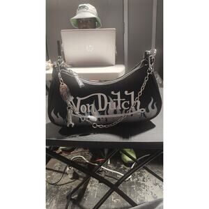 Von Dutch Black Silver Flames Shoulder Bag